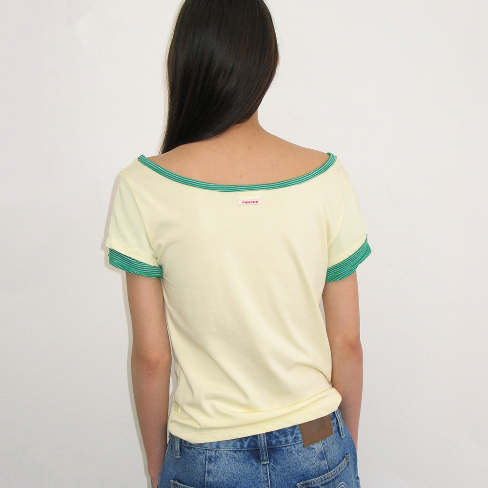 RONRON HEART BUTTON ROLL UP LAYERED T SHIRT SOFT YELLOW