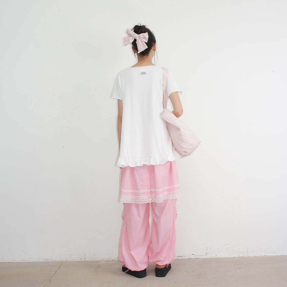 RONRON STRING SHIRRING RUFFLE T SHIRT WHITE