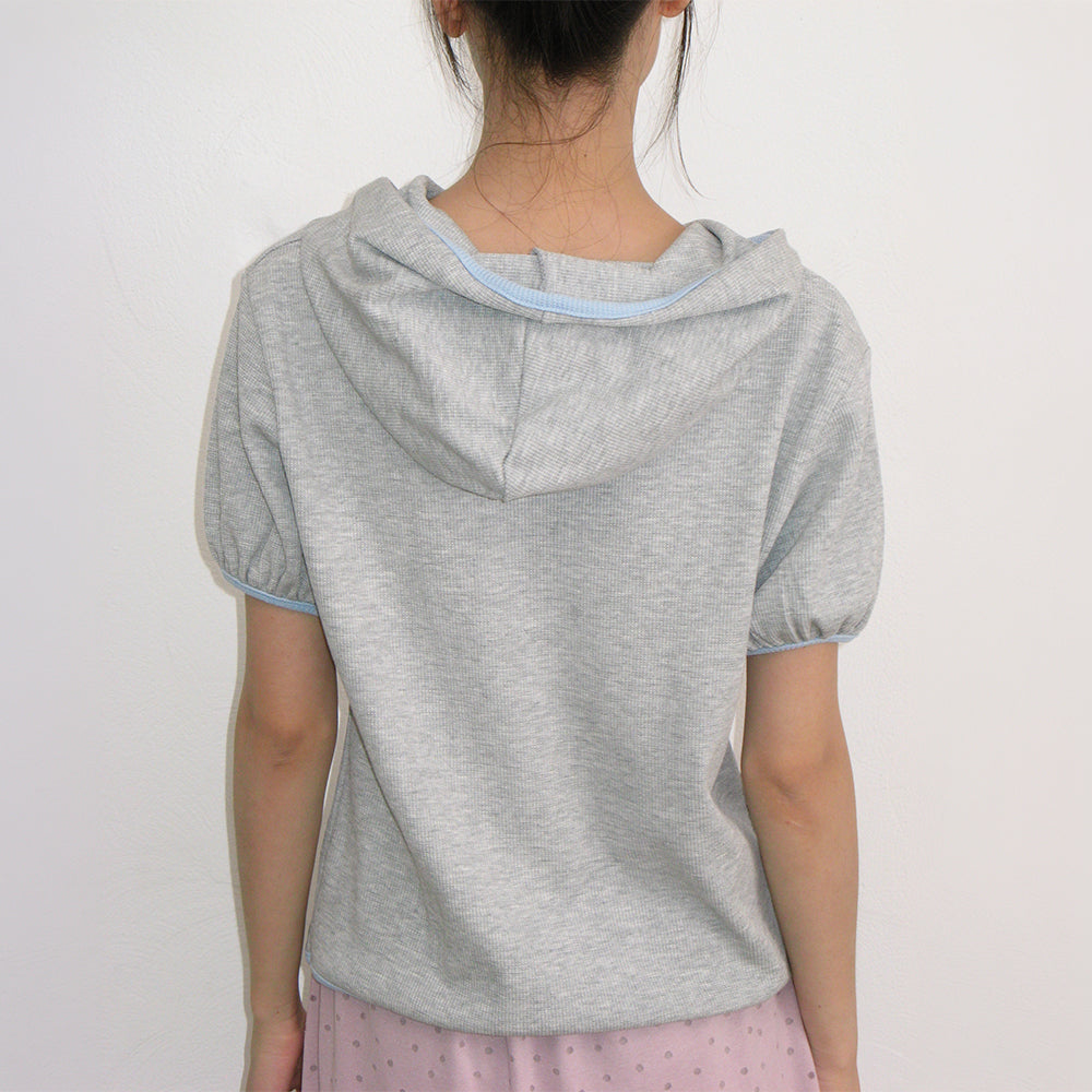 RONRON WAFFLE BUTTON HALF SLEEVE HOODIE GREY