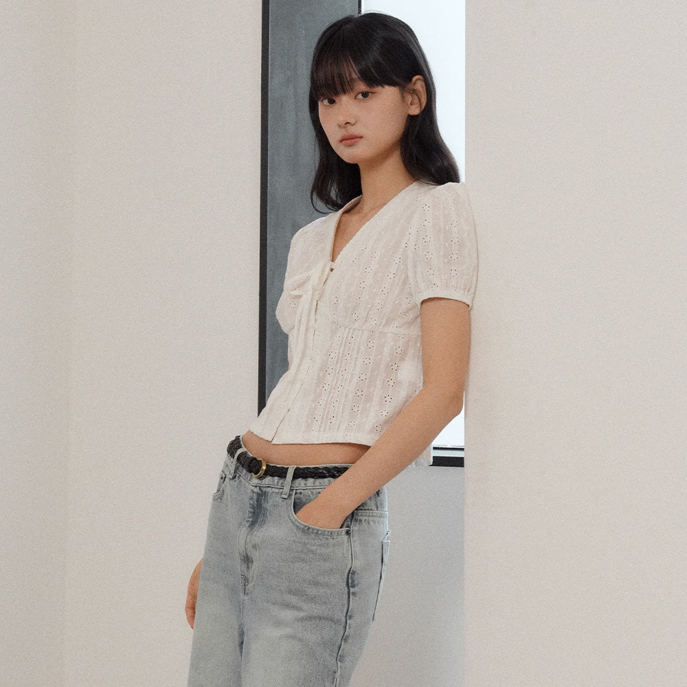GENERAL IDEA WOMAN V-neck lace puff blouse [WHITE] / GF2LBL529