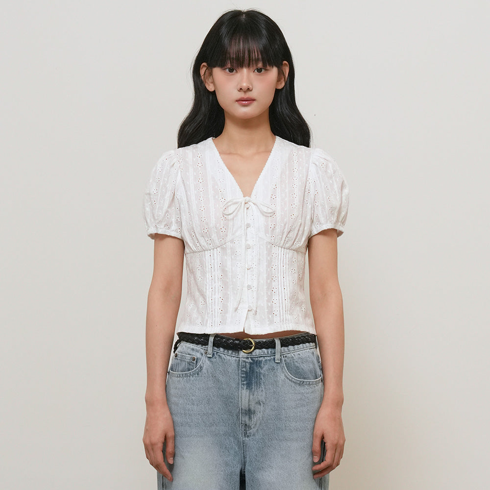 GENERAL IDEA WOMAN V-neck lace puff blouse [WHITE] / GF2LBL529