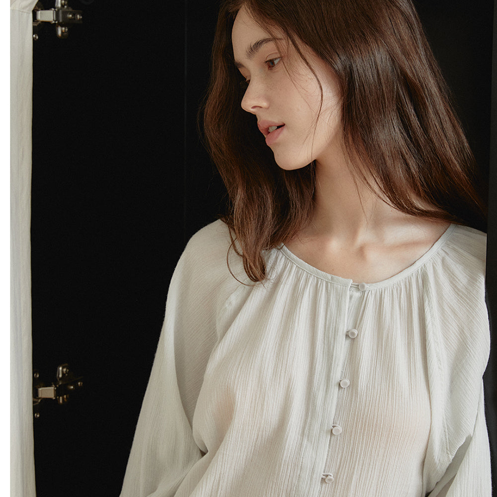 ACOVE Sheer Shirring Blouse_Mint Gray
