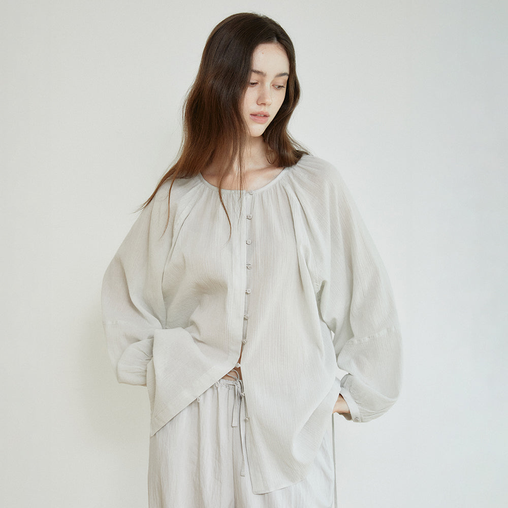 ACOVE Sheer Shirring Blouse_Mint Gray