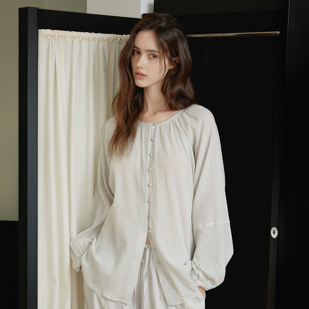 ACOVE Sheer Shirring Blouse_Mint Gray