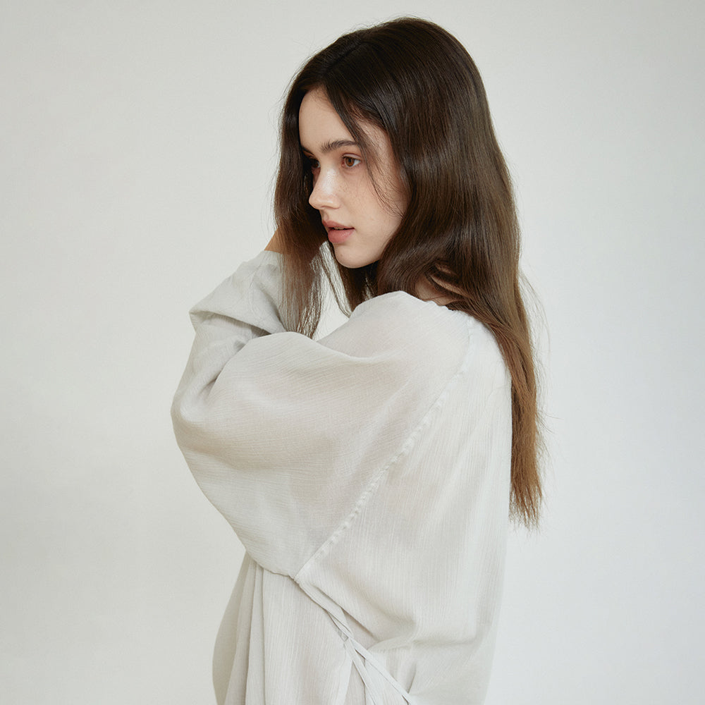 ACOVE Sheer Shirring Blouse_Mint Gray