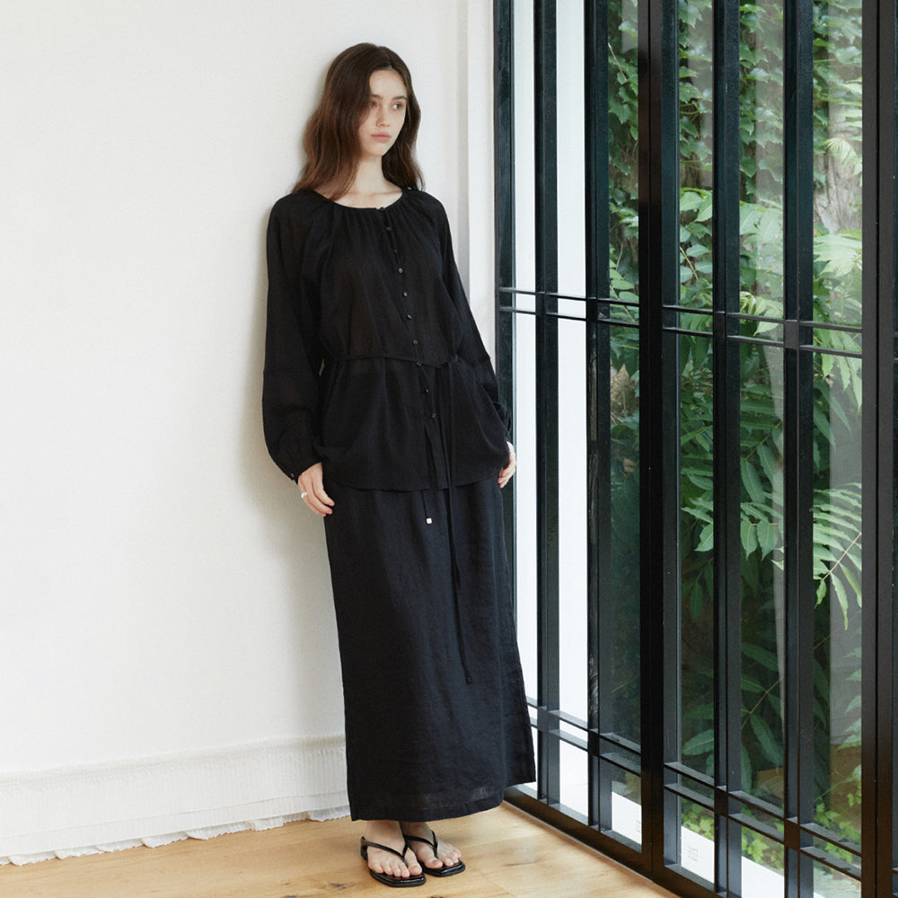 ACOVE Sheer Shirring Blouse_Black