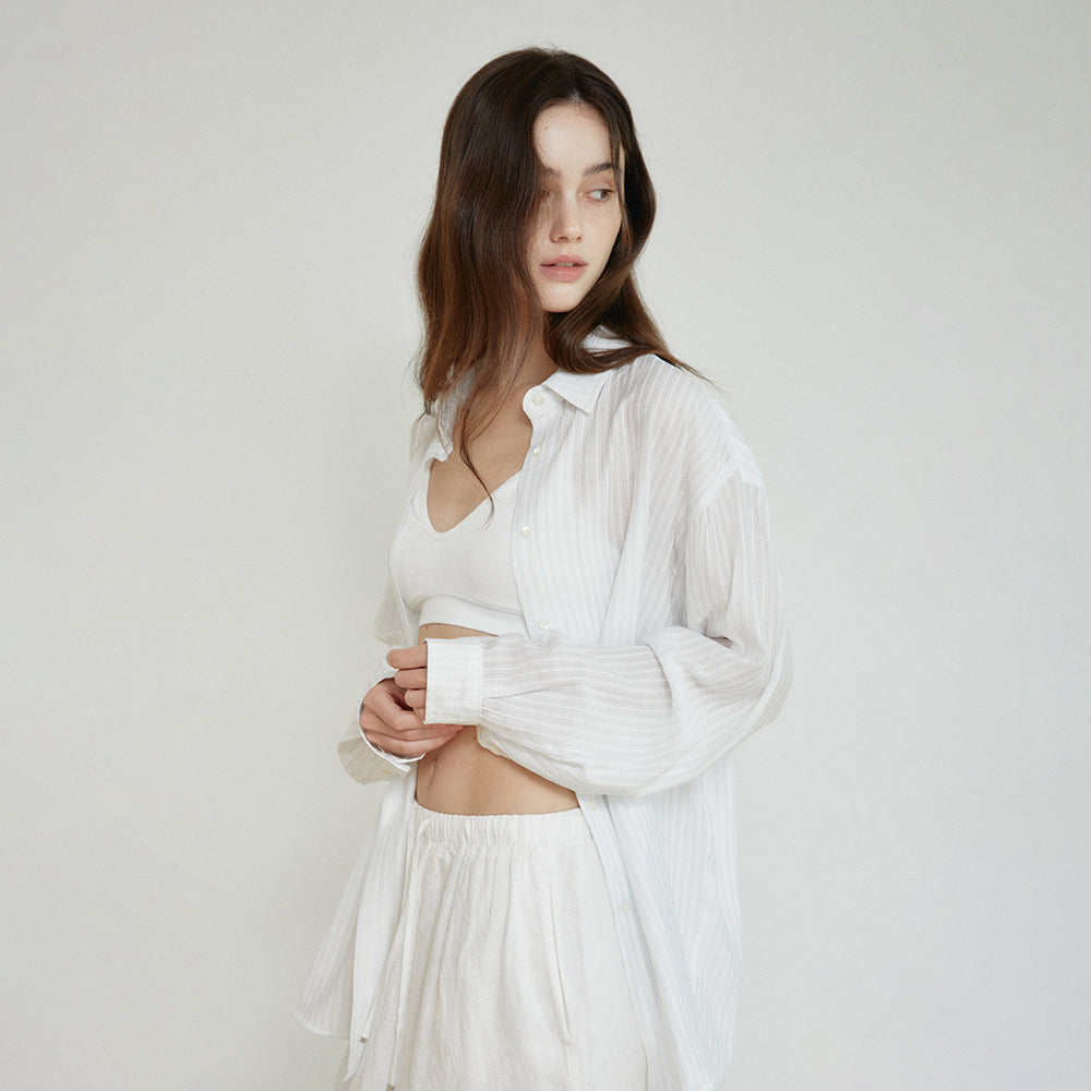 ACOVE Sheer Stripe Wrap Shirt_Sky Blue