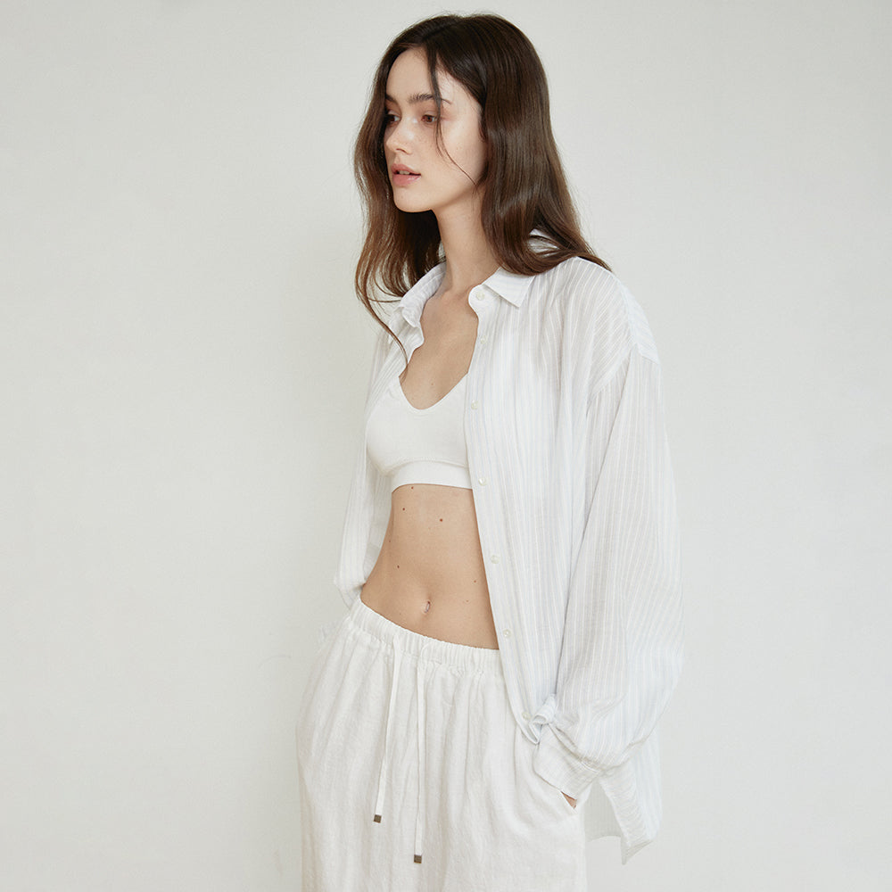 ACOVE Sheer Stripe Wrap Shirt_Sky Blue