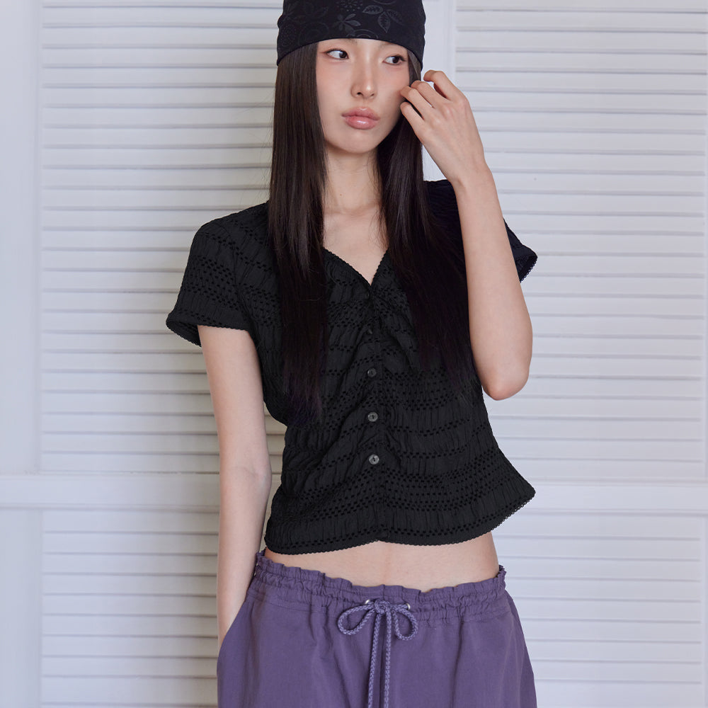 LONDONDADA Smocked Lace Button Top, BLACK