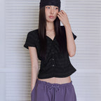 LONDONDADA Smocked Lace Button Top, BLACK
