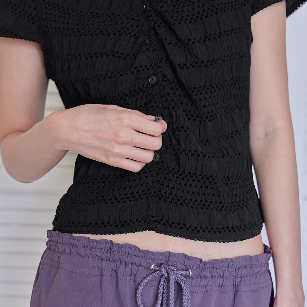 LONDONDADA Smocked Lace Button Top, BLACK