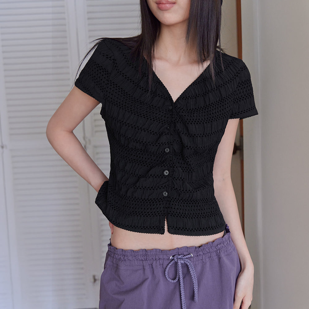 LONDONDADA Smocked Lace Button Top, BLACK
