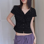 LONDONDADA Smocked Lace Button Top, BLACK