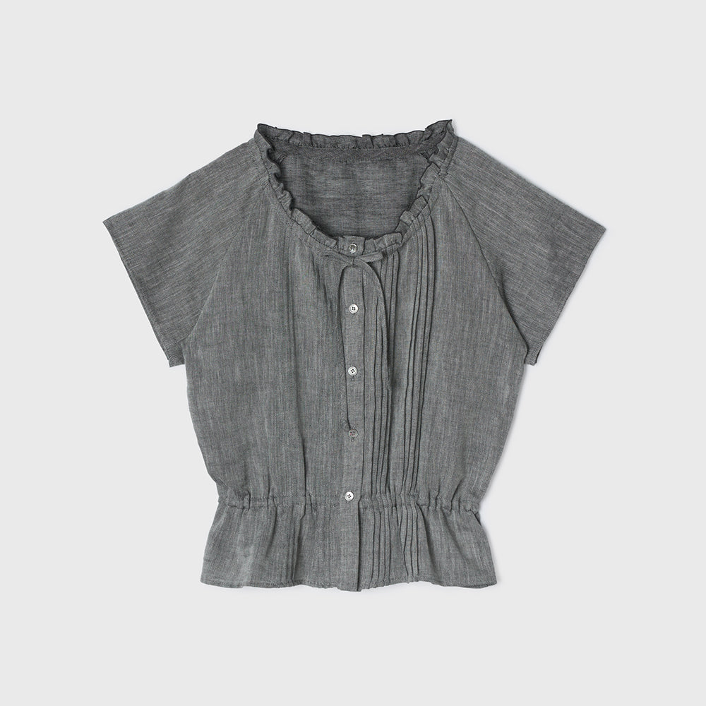 NCSSRY Pure Linen Tuck Half Blouse (Black)