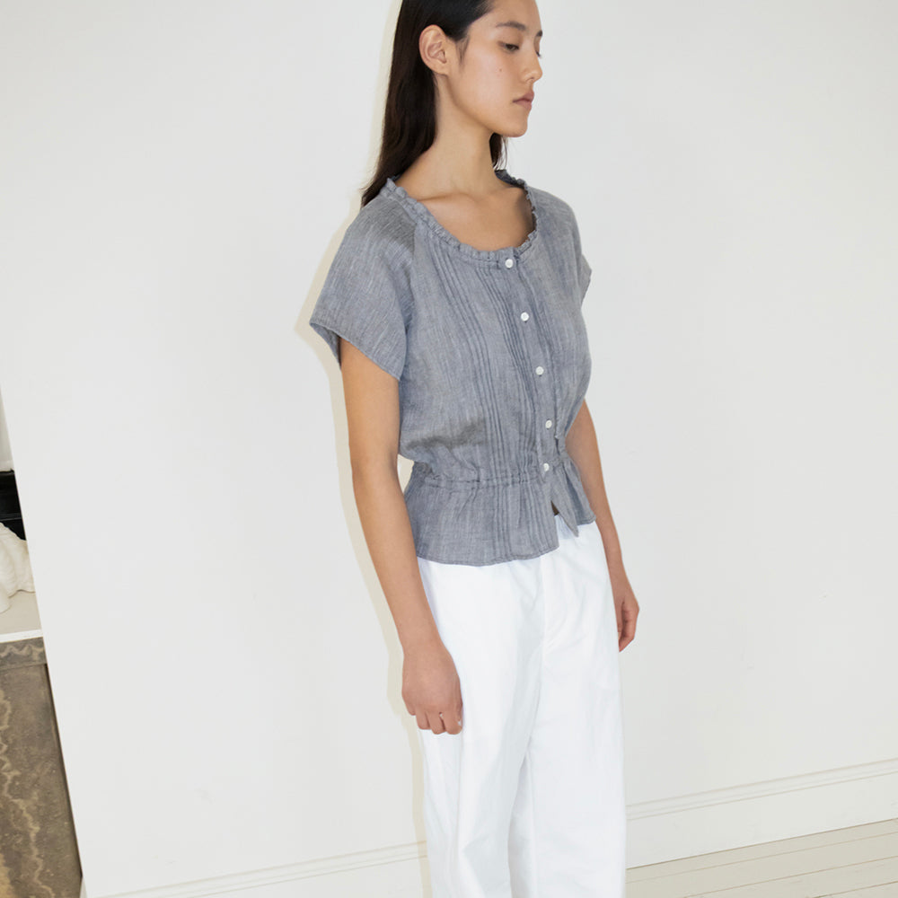 NCSSRY Pure Linen Tuck Half Blouse (Black)