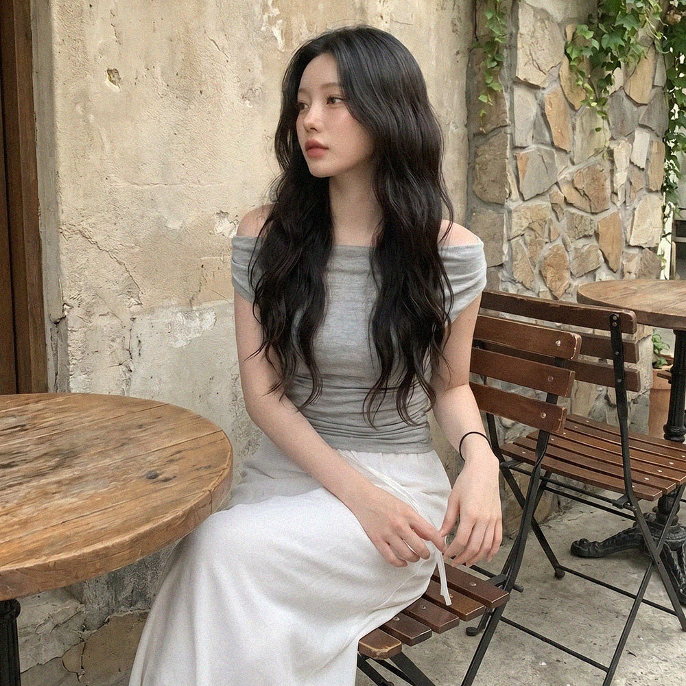 LAMEREI [Jennifer wearing][2nd reorder]Off-Shoulder Drape T-Shirt[LMBFSUTT627]-Grey Melange