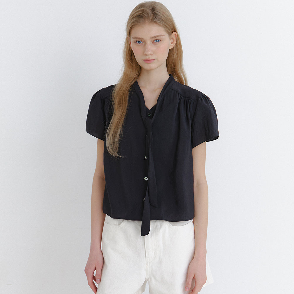 LAMINEZ [29CM Exclusive] Plain Tie Blouse - Charcoal