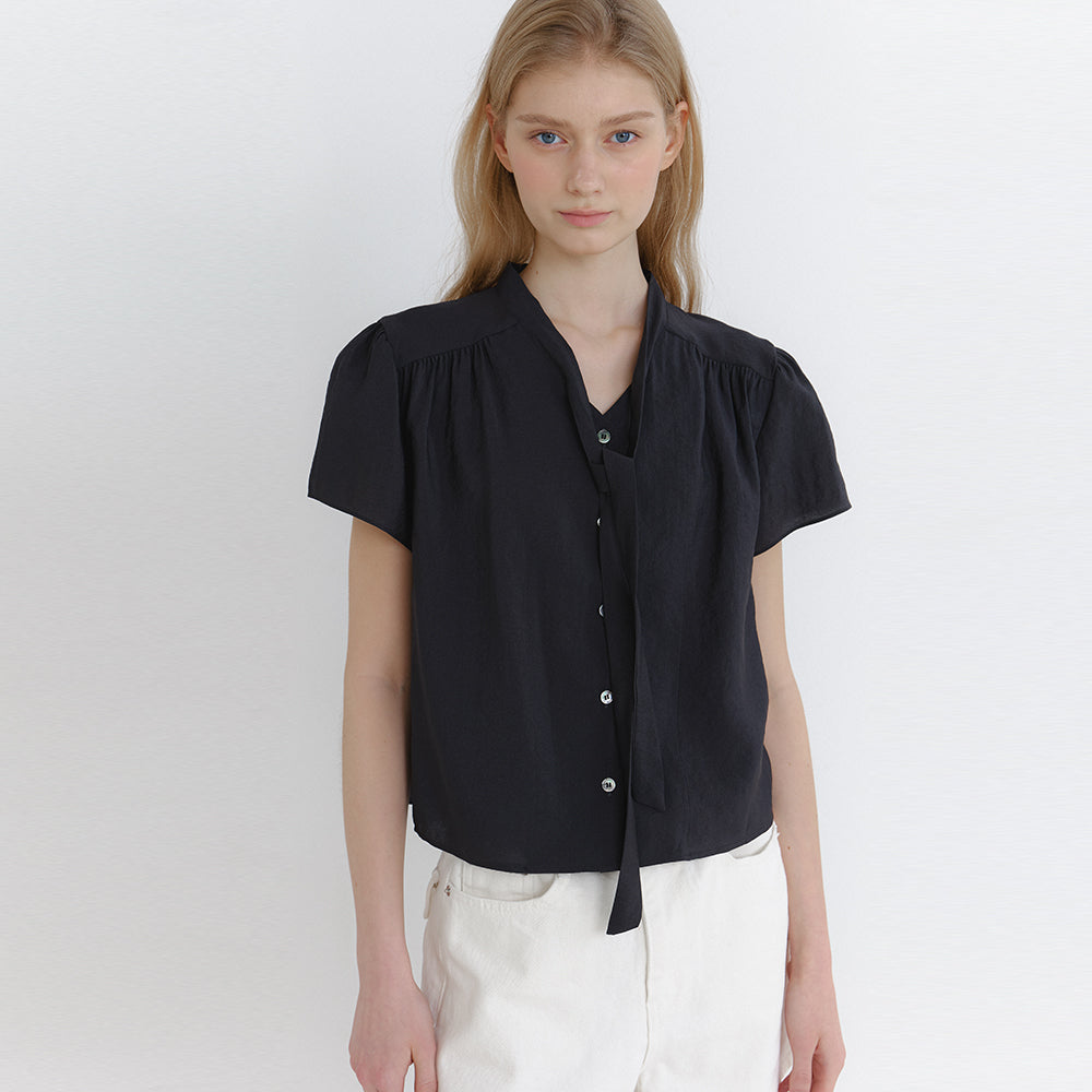 LAMINEZ [29CM Exclusive] Plain Tie Blouse - Charcoal
