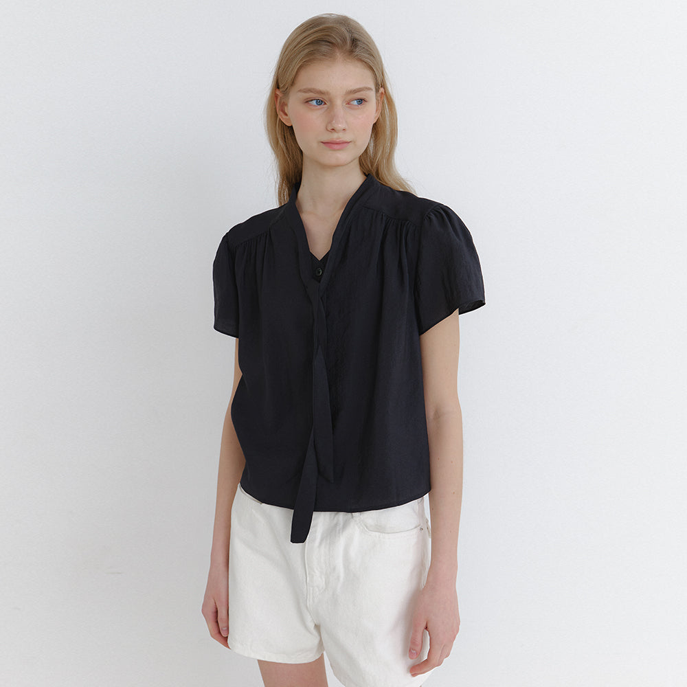LAMINEZ [29CM Exclusive] Plain Tie Blouse - Charcoal