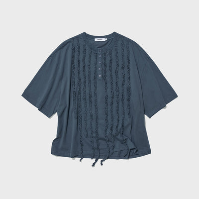 FRILL TRIM HENLEY NECK TEE_BLUE GREY