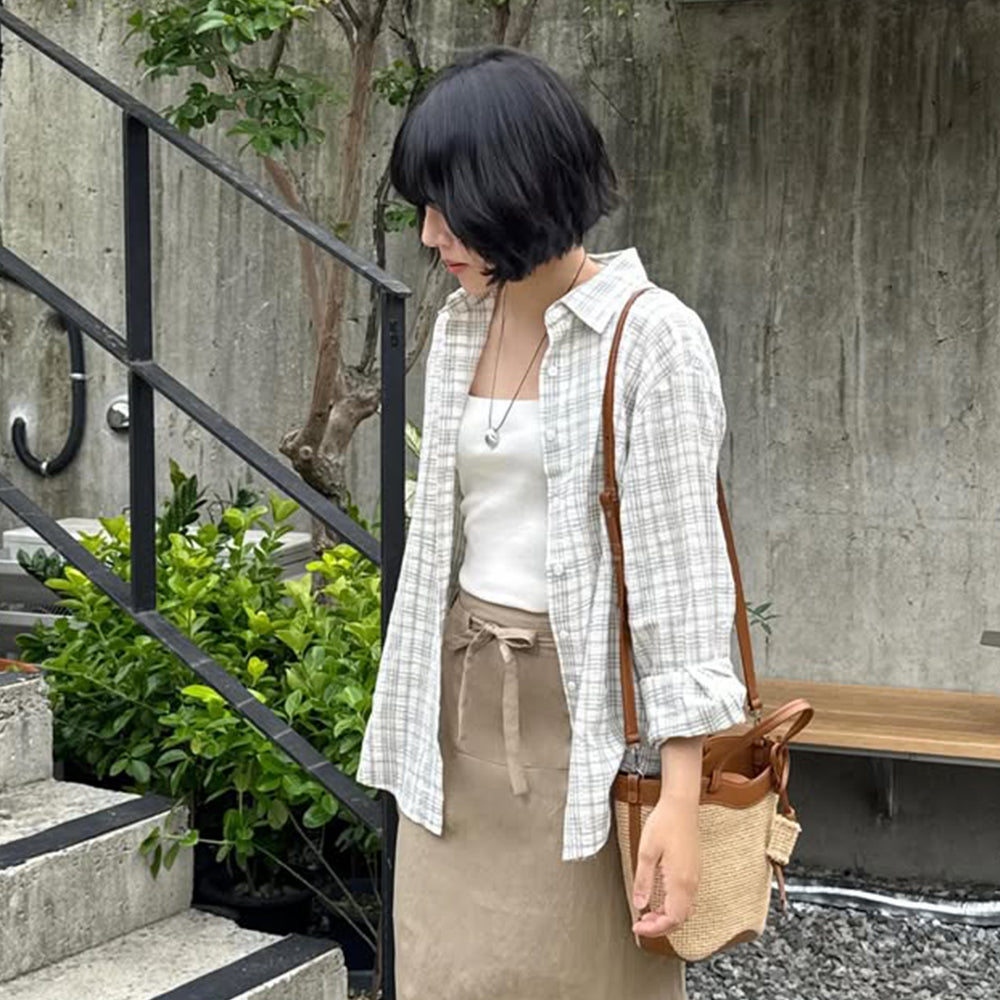LEFTSEOUL Seersucker overfit check shirt [mint]