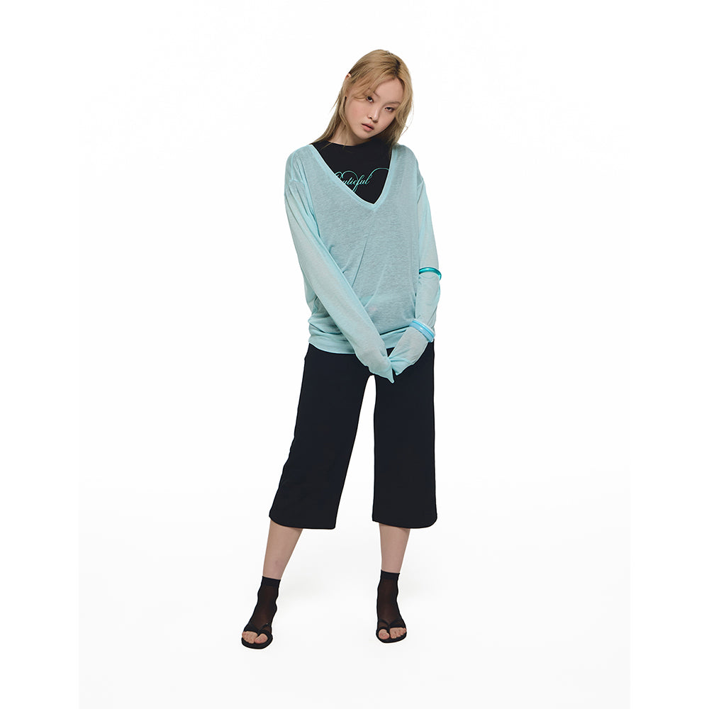 白RO(BAEKRO) Sheer Deep V-neck Long Sleeve, Mint