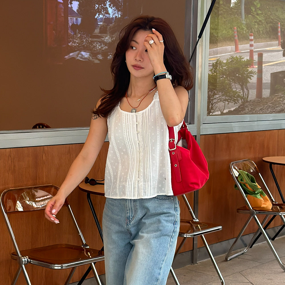 OSTKAKA Eyelet Pintuck Sleeveless Blouse Ivory