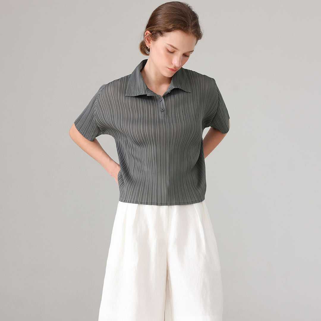 PLEATSMOOD Essen collar pleated shirt_charcoal