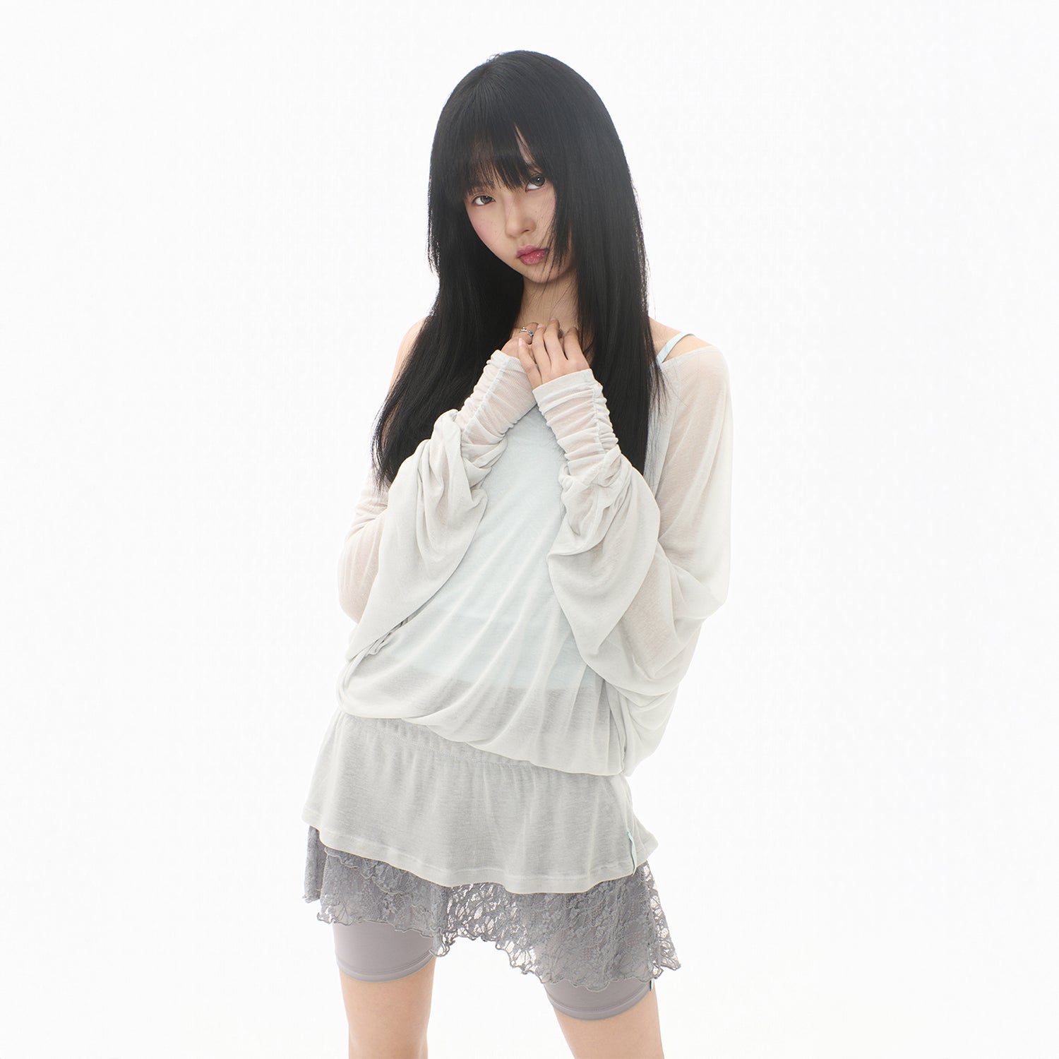 MIRECO SHEER OFF-SHOULDER SLEEVE CLOUD GREY