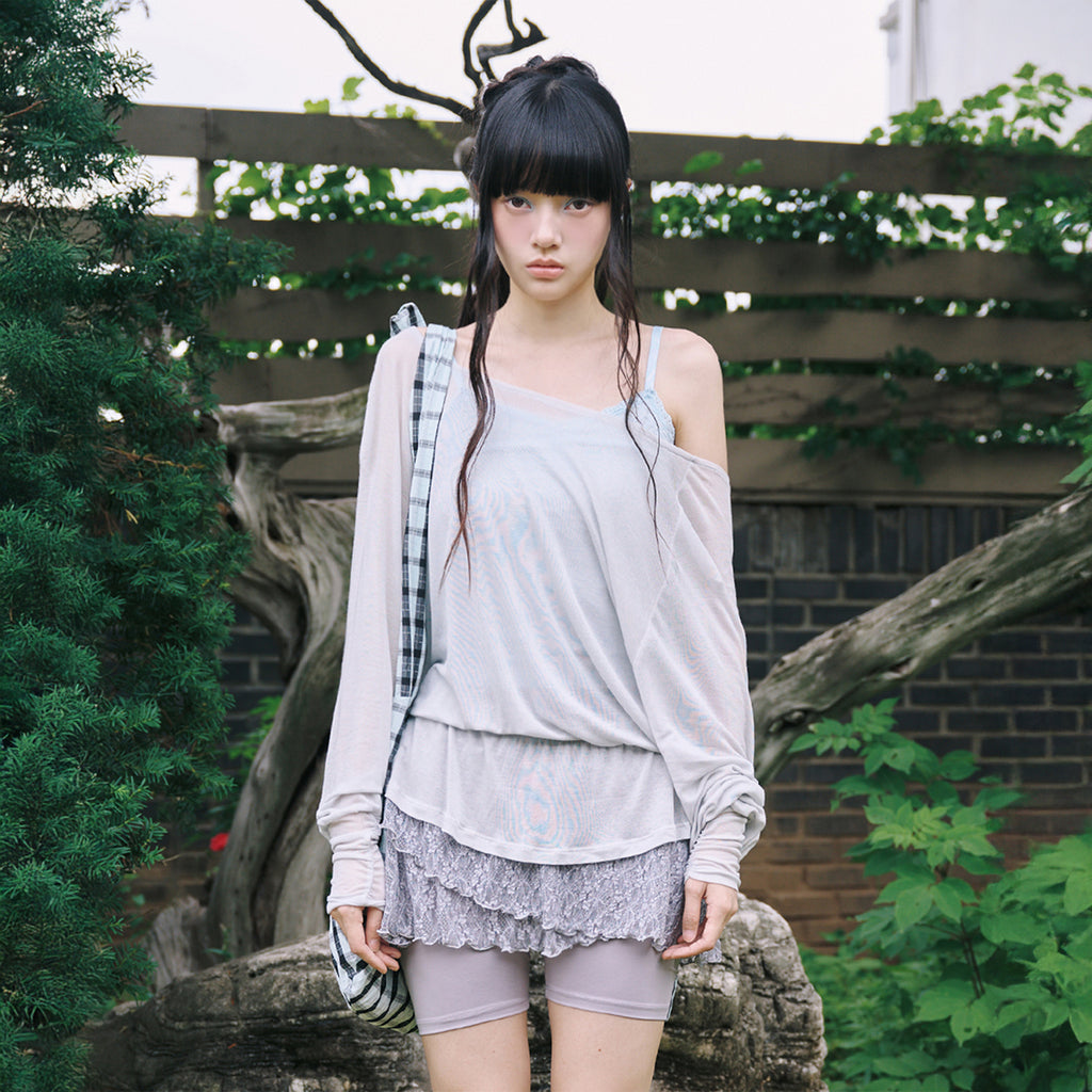 MIRECO SHEER OFF-SHOULDER SLEEVE CLOUD GREY