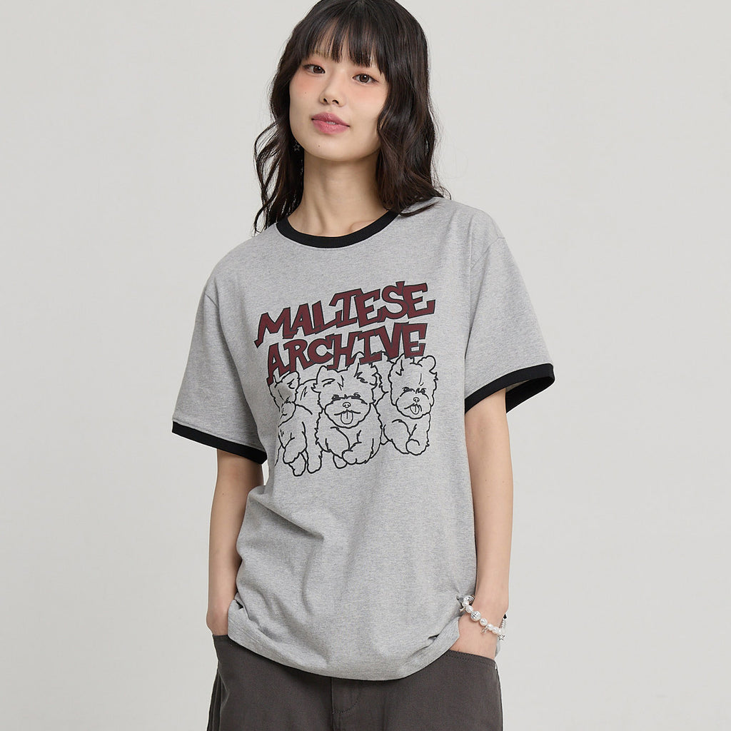 WAIKEI Maltese Archive Line Graphic Ringer Short Sleeve T-Shirt Gray