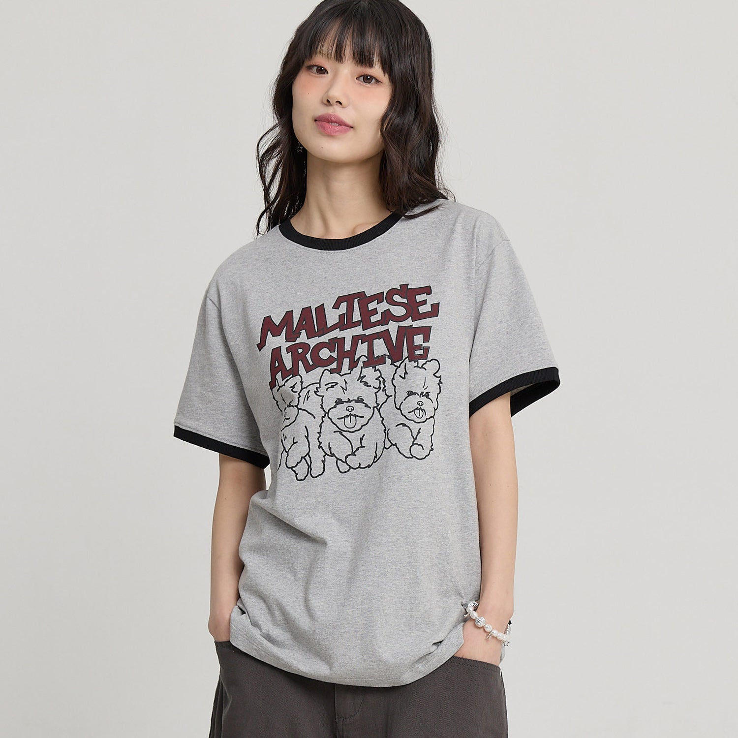 WAIKEI Maltese Archive Line Graphic Ringer Short Sleeve T-Shirt Gray