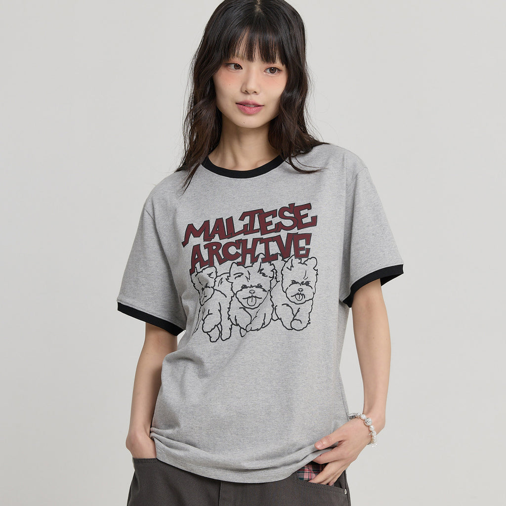 WAIKEI Maltese Archive Line Graphic Ringer Short Sleeve T-Shirt Gray