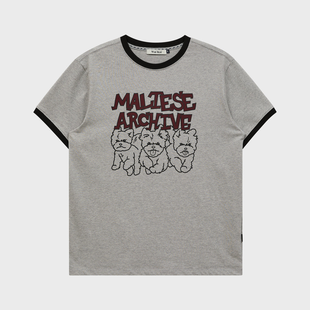WAIKEI Maltese Archive Line Graphic Ringer Short Sleeve T-Shirt Gray