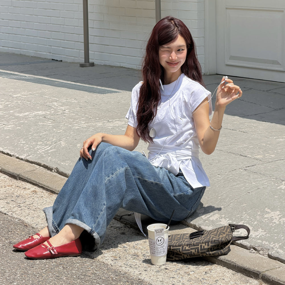 OLIVE DES OLIVE [Seohyun PICK] Boat neck shirring knotted jersey t-shirt OW6ME666