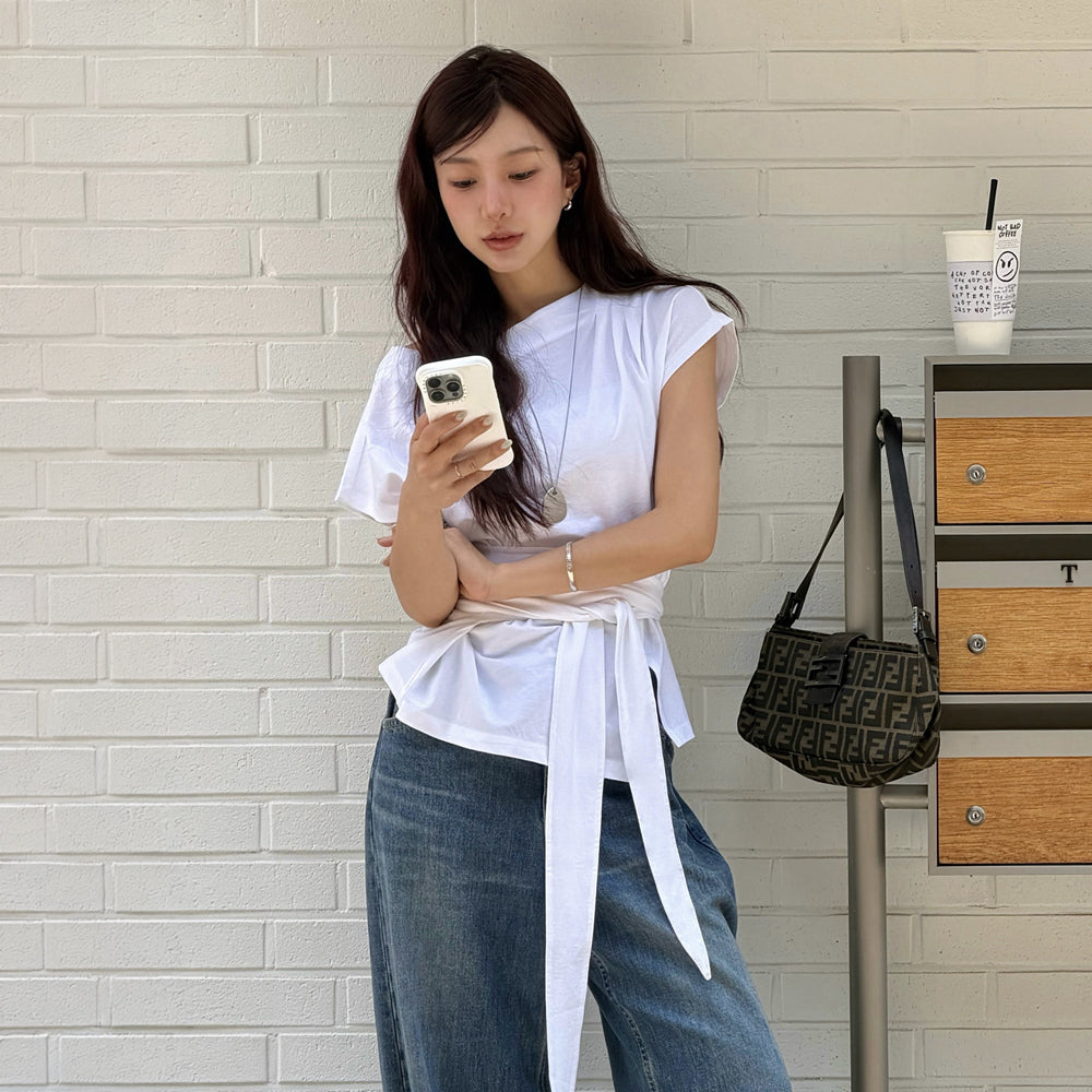 OLIVE DES OLIVE [Seohyun PICK] Boat neck shirring knotted jersey t-shirt OW6ME666