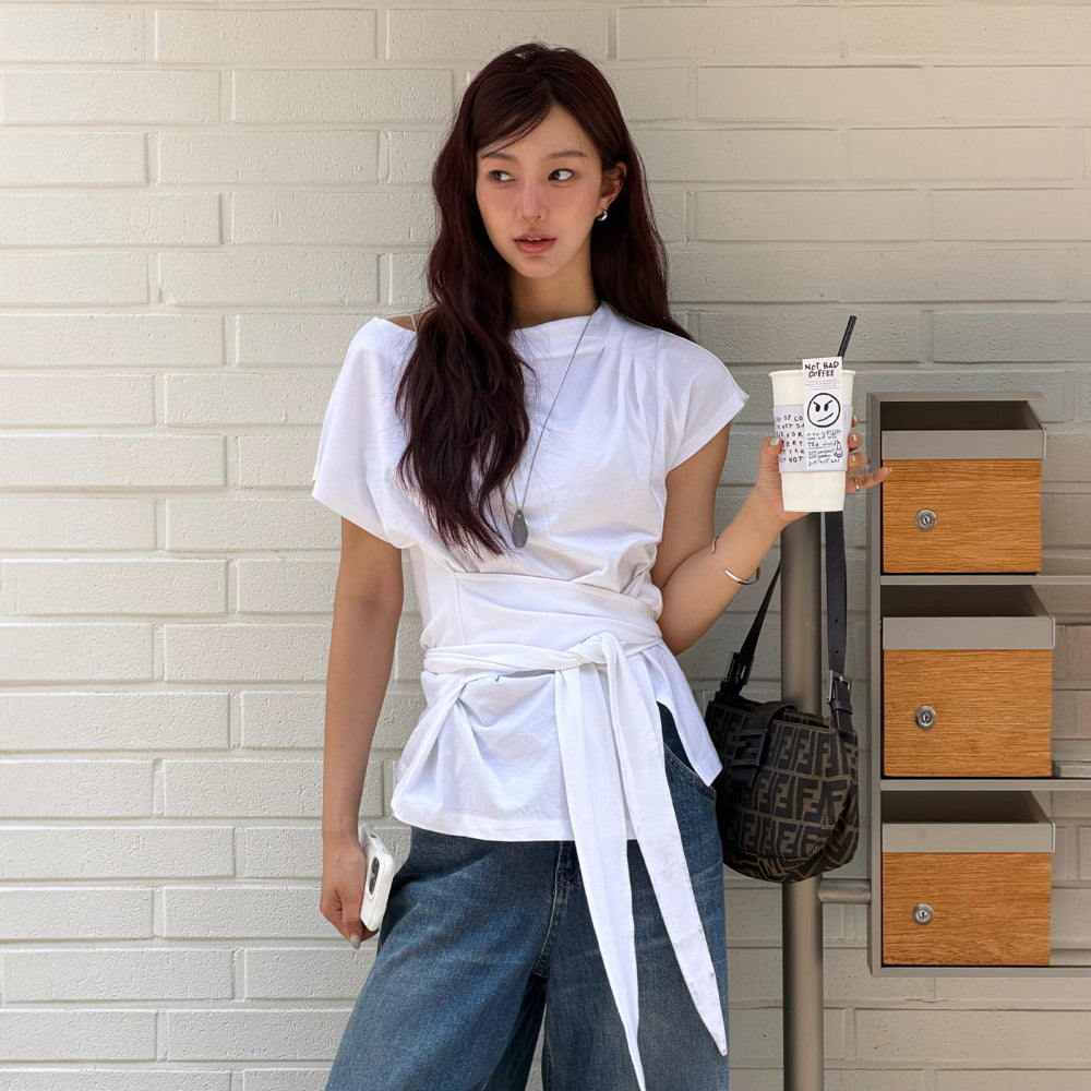 OLIVE DES OLIVE [Seohyun PICK] Boat neck shirring knotted jersey t-shirt OW6ME666