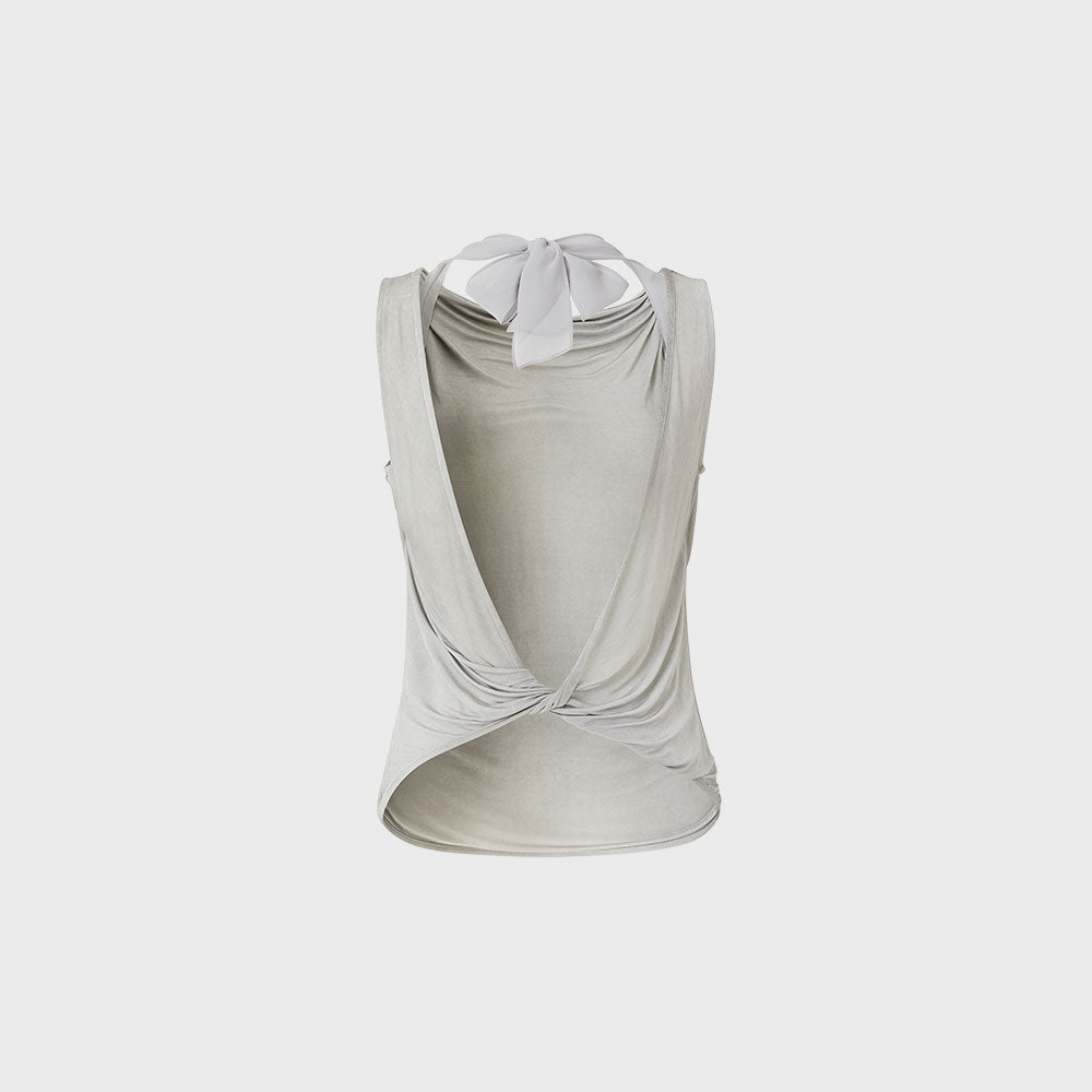 TEAK TIE NECK SLEEVELESS TOP (SILVER)