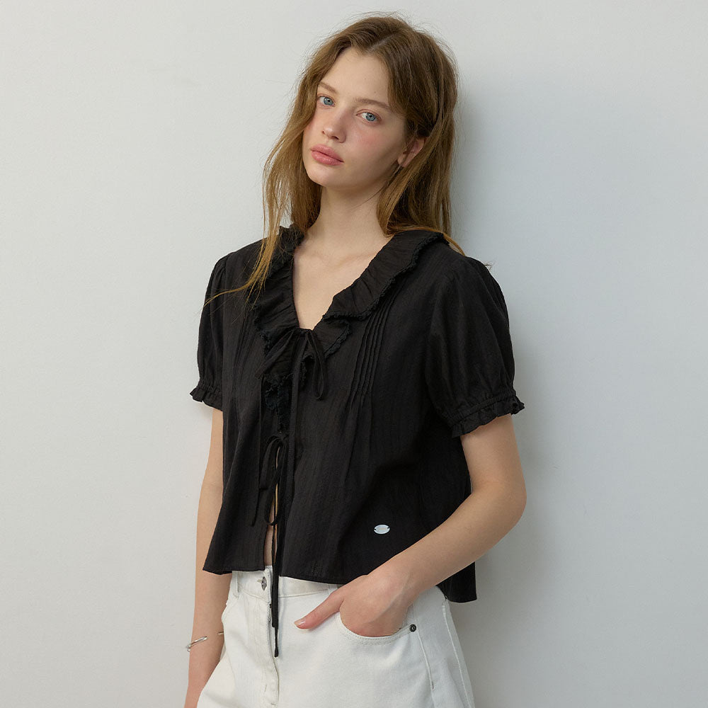 CITYBREEZE Frill V-neck short sleeve blouse_BLACK