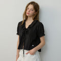 CITYBREEZE Frill V-neck short sleeve blouse_BLACK