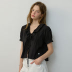 CITYBREEZE Frill V-neck short sleeve blouse_BLACK