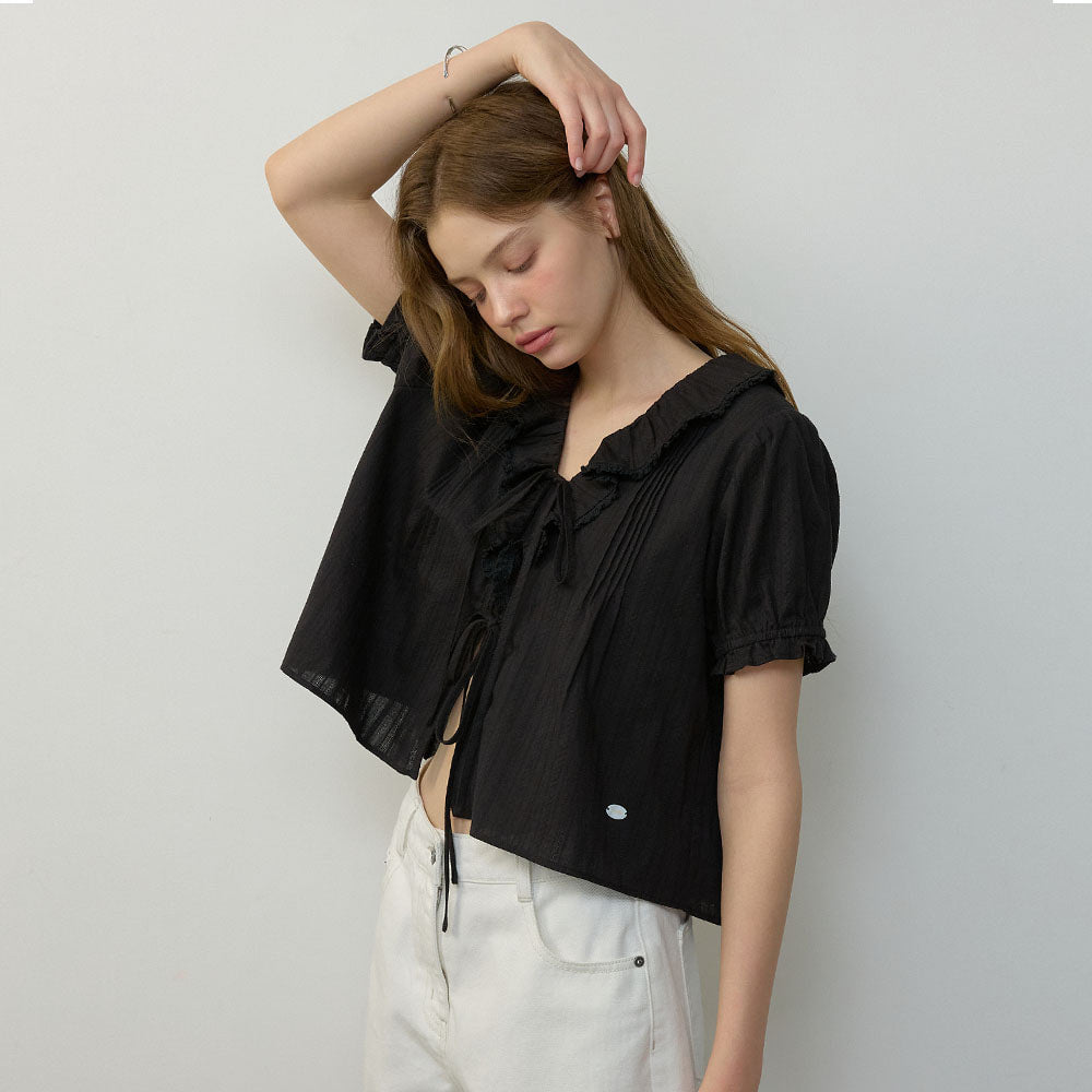 CITYBREEZE Frill V-neck short sleeve blouse_BLACK