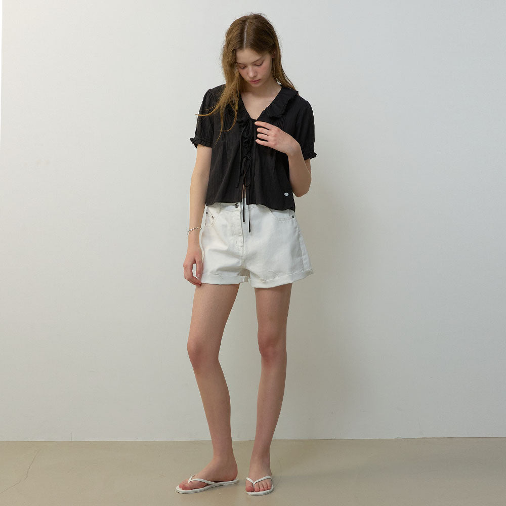 CITYBREEZE Frill V-neck short sleeve blouse_BLACK