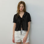 CITYBREEZE Frill V-neck short sleeve blouse_BLACK