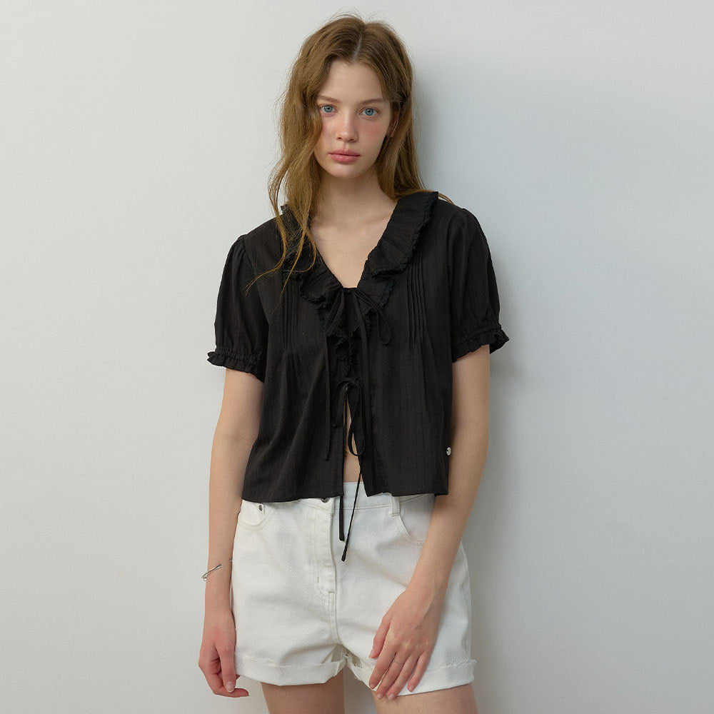 CITYBREEZE Frill V-neck short sleeve blouse_BLACK
