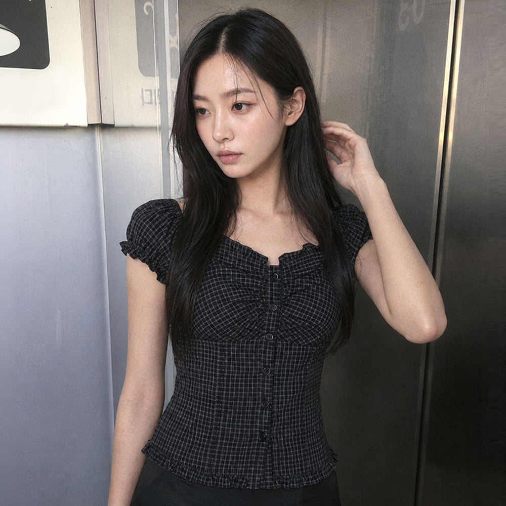 GENERAL IDEA WOMAN cap sleeve shirring puff blouse [BLACK] / GF2LBL516