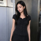 GENERAL IDEA WOMAN cap sleeve shirring puff blouse [BLACK] / GF2LBL516