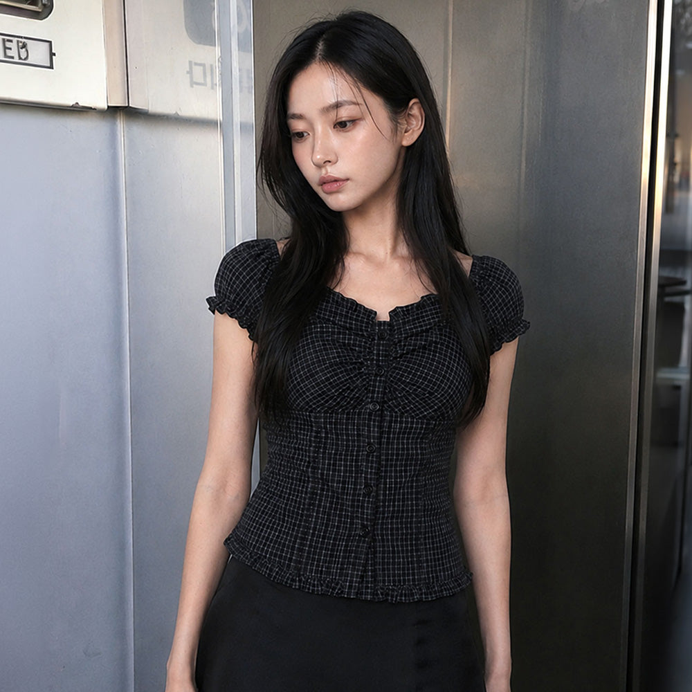 GENERAL IDEA WOMAN cap sleeve shirring puff blouse [BLACK] / GF2LBL516