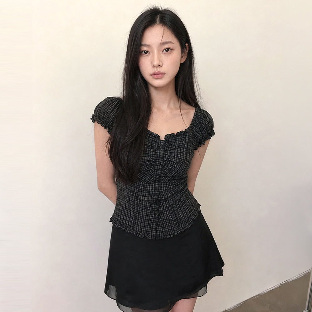GENERAL IDEA WOMAN cap sleeve shirring puff blouse [BLACK] / GF2LBL516