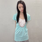 oafish Shirring U neck T-shirts, Mint